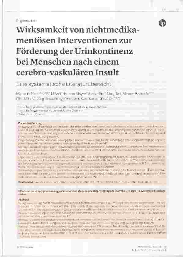 Vorschauseite 1: Wirksamkeit von nichtmedikamentösen Interventionen zur Förderung der Urinkontinenz bei Menschen nach einem cerebrovaskulären Insult