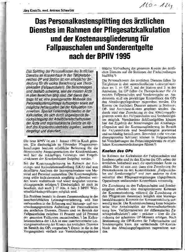 Vorschauseite 1: Das Personalkostensplitting des ärztlichen Dienstes im Rahmen der Pflegesatzkalkulation und der Kostenausgliederung für Fallpauschalen und Sonderentgelte nach der BPflV 1995