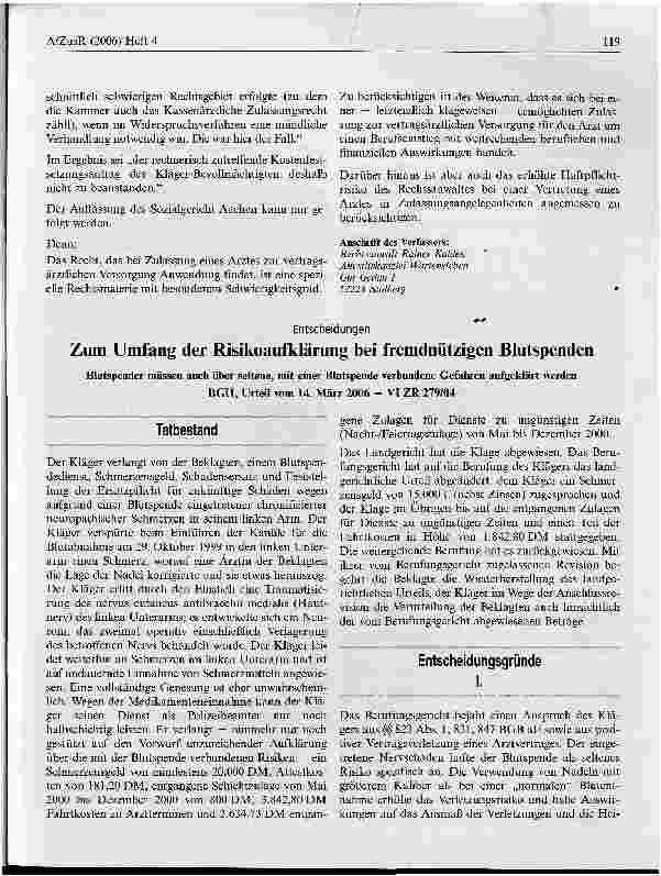 Vorschauseite 1: Zum Umfang der Risikoaufklärung bei fremdnützigen Blutspenden
