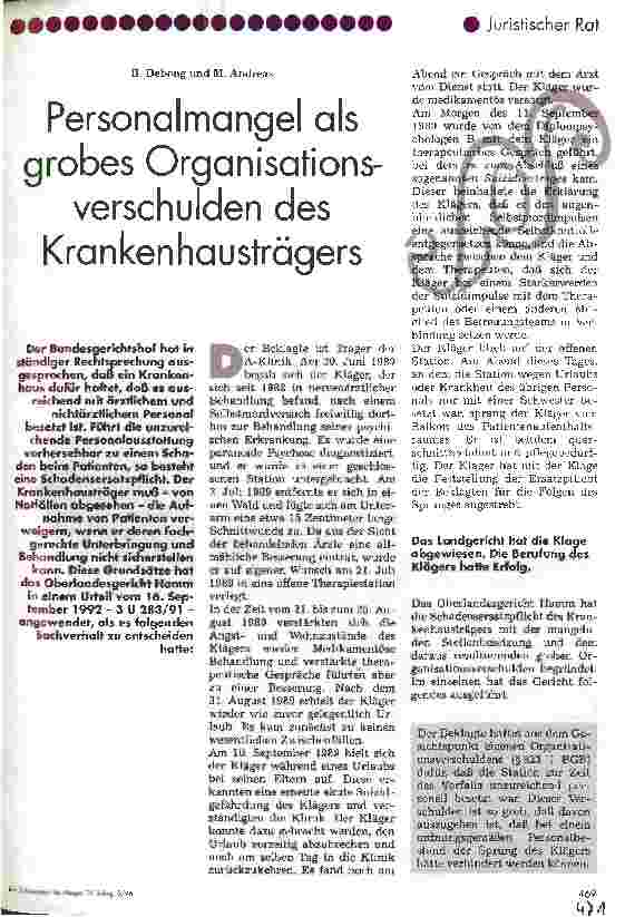 Vorschauseite 1: Personalmangel als grobes Organisationsverschulden des Krankenhausträgers