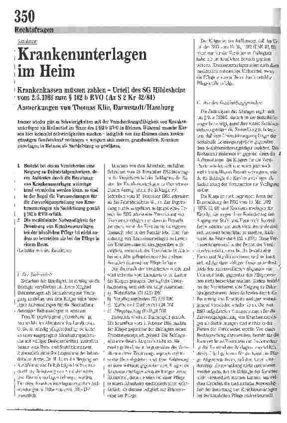 Vorschauseite 1: Krankenunterlagen im Heim / Krankenkassen müssen zahlen - Urteil des SG Hildesheim vom 2. 5. 1986