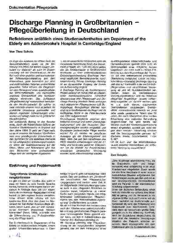 Vorschauseite 1: Discharge Planning in Großbritannien - Pflegeüberleitung in Deuschland Reflektionen anläßlich eines Studienaufenthaltes am Department of the Elderly am Addenbrookes Hospital in Ca…