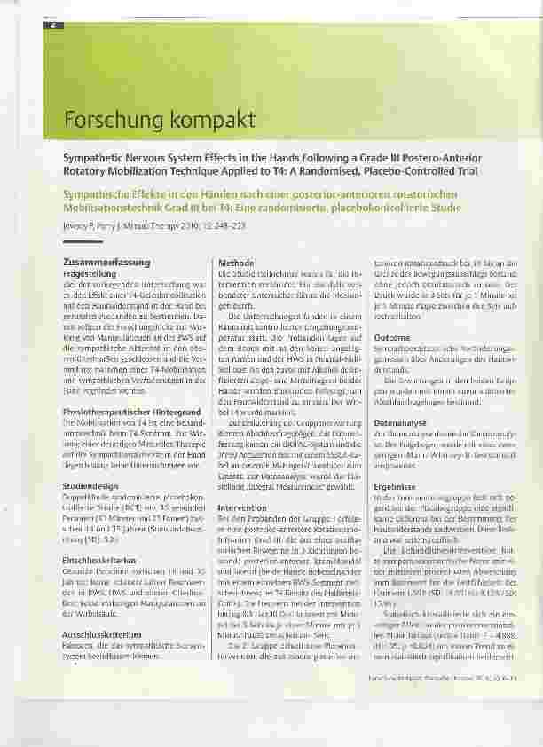 Vorschauseite 1: Sympathische Effekte in den Händen nach einer posterior-anterioren rotatorischen Mobilisationstechnik Grad III bei T4: Eine randomisierte, placebokontrollierte Studie