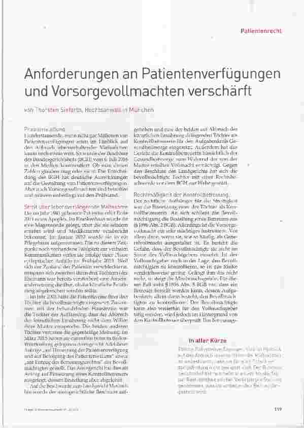 Vorschauseite 1: Anforderungen an Patientenverfügungen und Vorsorgungsvollmachten verschärft