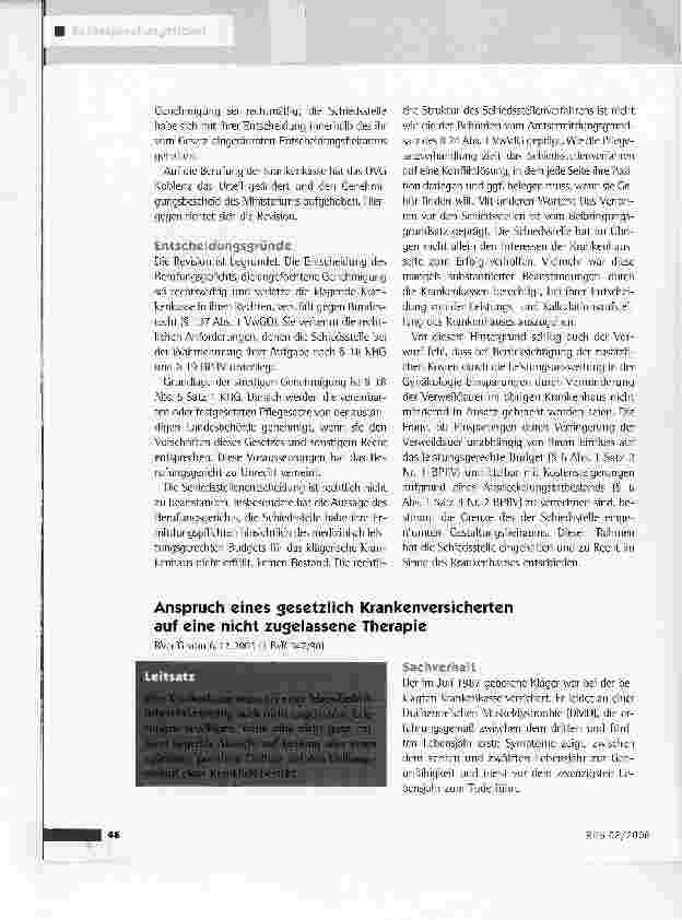 Vorschauseite 1: Anspruch eines gesetzlich Krankenversicherten auf eine nicht zugelassene TherapieBVerfG vom 6.12.2005 (1 BvR 347/98]