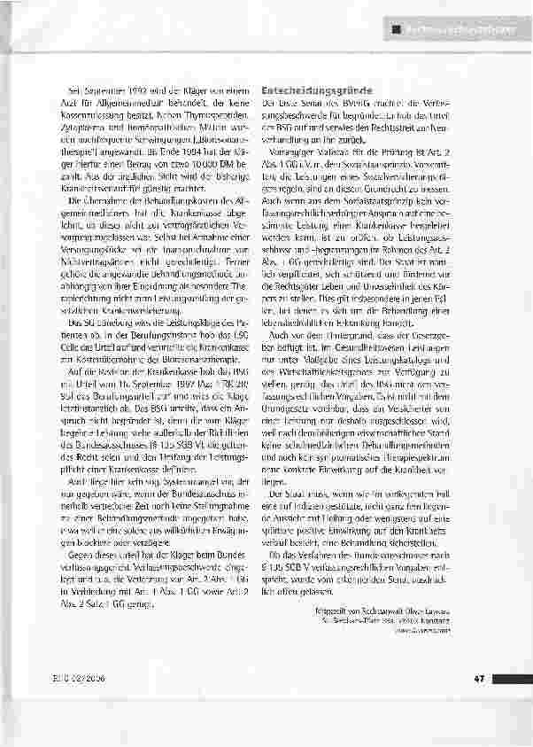 Vorschauseite 2: Anspruch eines gesetzlich Krankenversicherten auf eine nicht zugelassene TherapieBVerfG vom 6.12.2005 (1 BvR 347/98]
