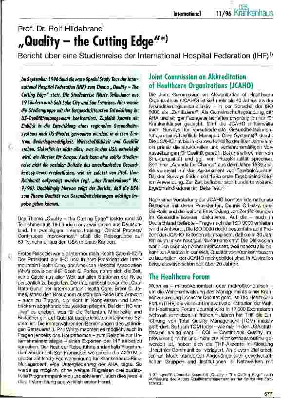 Vorschauseite 1: Quality - the Cutting Edge Bericht über eine Studienreise der International Hospital Federation