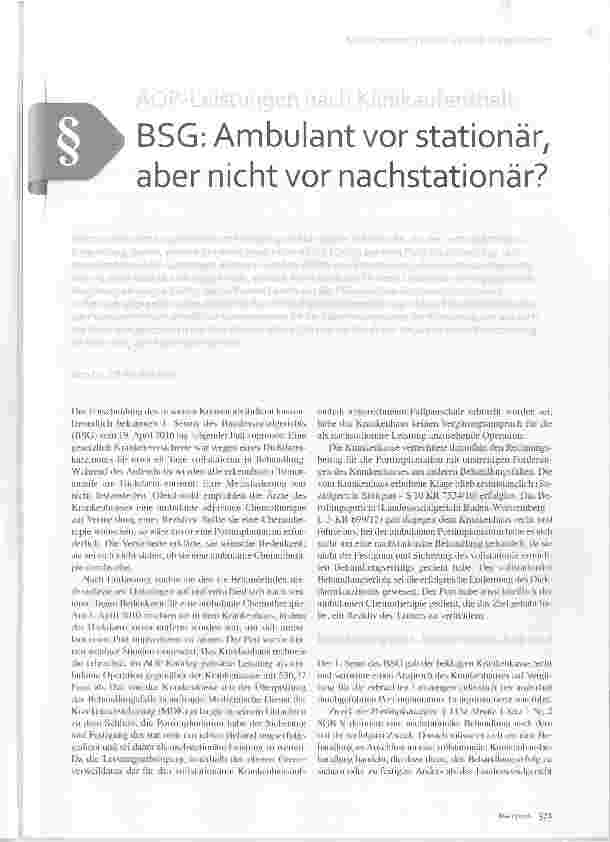 Vorschauseite 1: BSG: Ambulant vor Stationär, aber nicht vor nachstationär?
