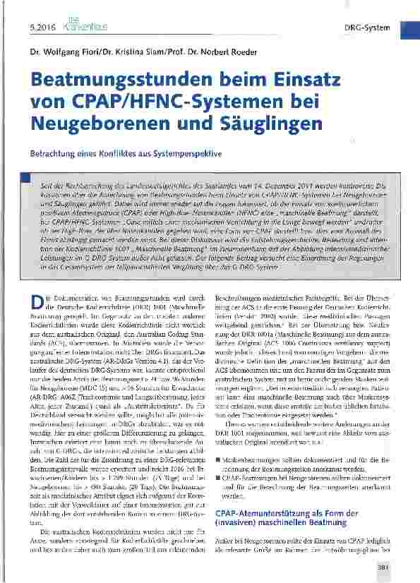 Vorschauseite 1: Beatmungsstunden beim Einsatz von CPAP/HFNC-Systemen bei Neugeborenen und Säuglingen