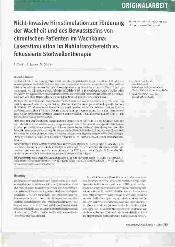 Vorschauseite 1: Nicht-invasive Hirnstimulation zur Förderung der Wachheit und des Bewusstseins von chronischen Patienten im Wachkoma: Laserstimulation im Nahinfrarotbereich vs. fokussierte Stoßwe…