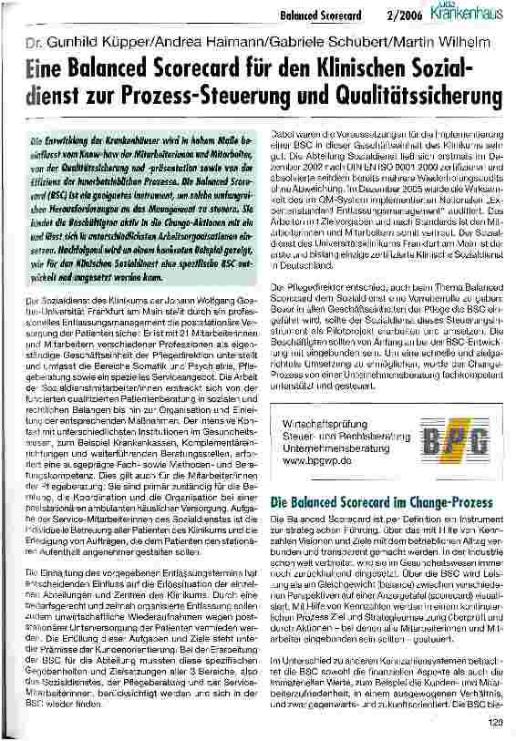 Vorschauseite 1: Eine Balanced Scorecard für den Klinischen Sozialdienst zur Prozess-Steuerung und Qualitätssicherung