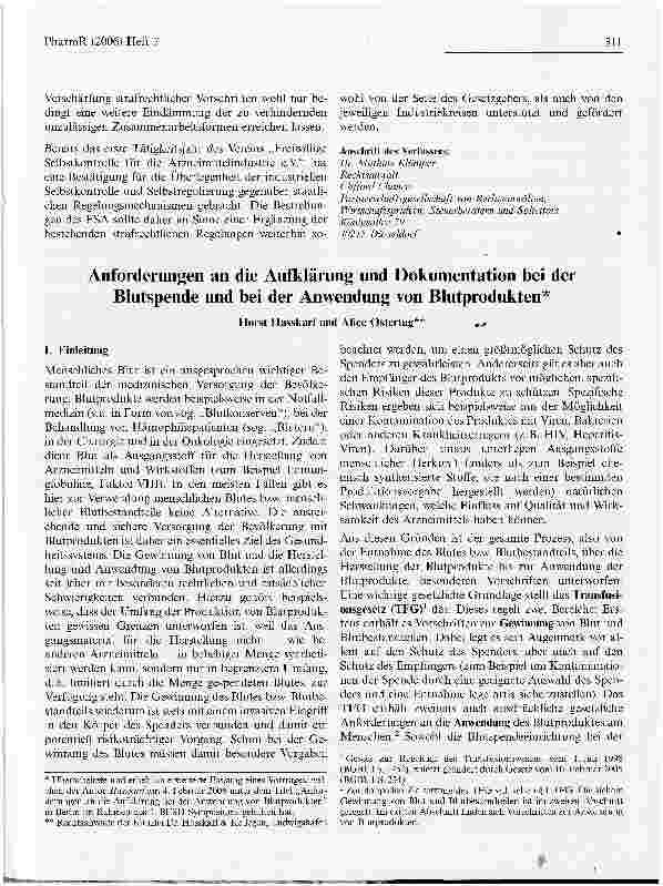 Vorschauseite 1: Anforderungen an die Aufklärung und Dokumentation bei der Blutspende und bei der Anwendung von Blutprodukten