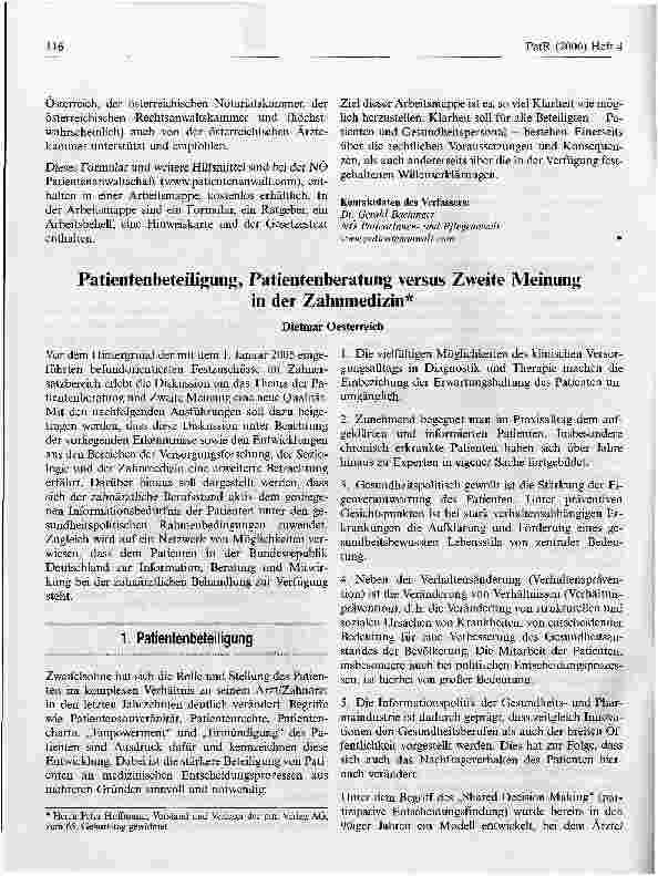 Vorschauseite 1: Patientenbeteiligung, Patientenberatung versus Zweite Meinung in der Zahnmedizin*