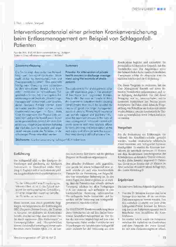 Vorschauseite 1: Interventionspotenzial einer privaten Krankenversicherung beim Entlassmanagement am Beispiel von Schlaganfall- Patienten