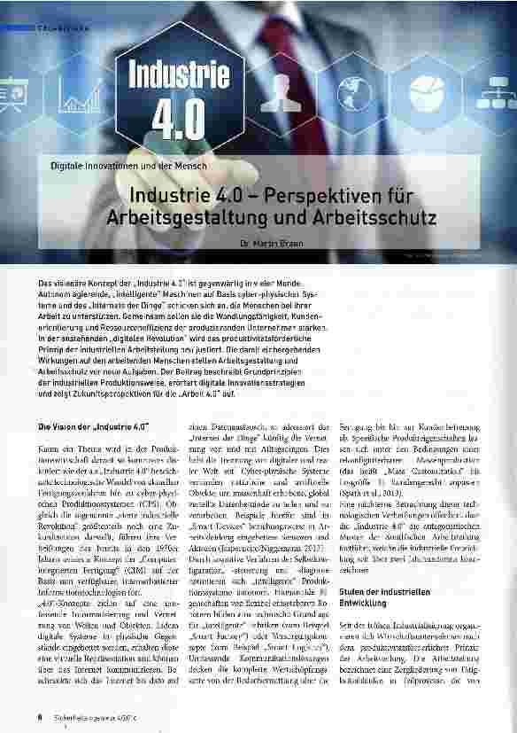 Vorschauseite 1: Industrie 4.0 Perspektiven für Arbeitsgestaltung und Arbeitsschutz