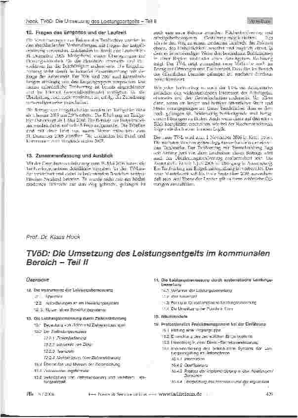 Vorschauseite 1: TVöD: Die Umsetzung des Leistungsentgelts im kommunalen Bereich - Teil II