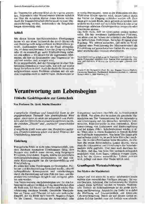 Vorschauseite 1: Verantwortung am Lebensbeginn Ethische Gesichtspunkte zur Gentechnik