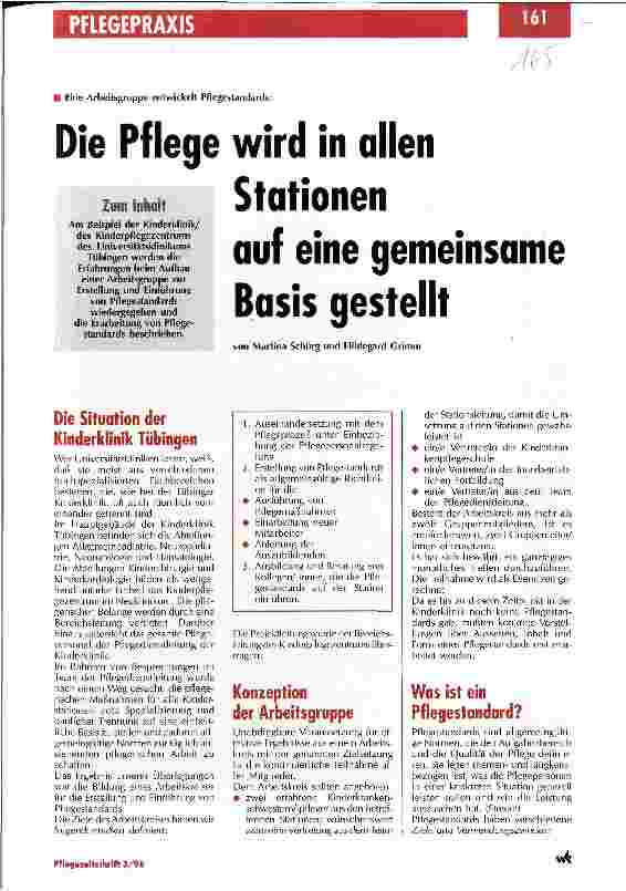 Vorschauseite 1: Die Pflege wird in allen Stationen auf eine gemeinsame Basis gestellt Eine Arbeitsgruppe entwickelt Pflegestandards