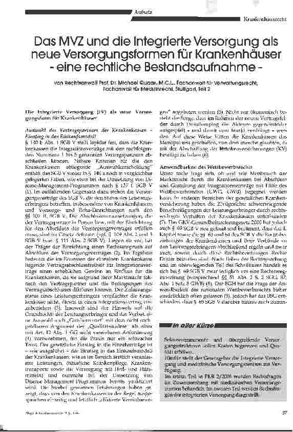Vorschauseite 1: Das MVZ und die Integrierte Versorgung als neue Versorgungsformen für Krankenhäusereine rechtliche Bestandsaufnahme -