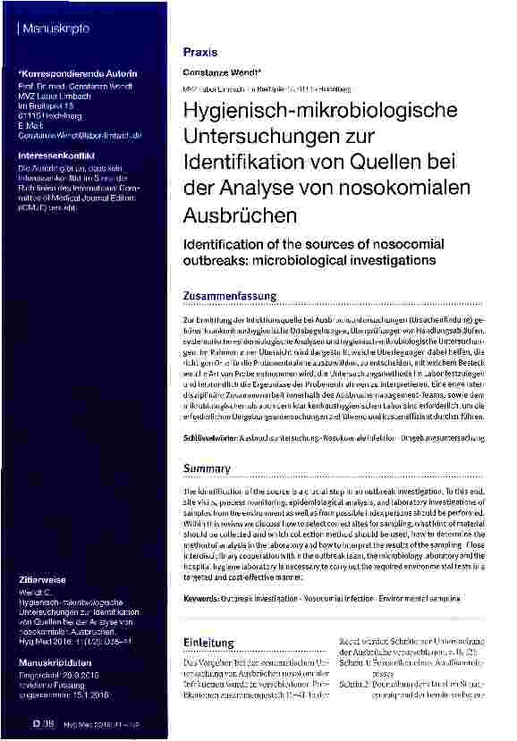 Vorschauseite 1: Hygienisch-mikrobiologische Untersuchungen zur Identifikation von Quellen bei der Analyse von nosokomialen Ausbrüchen