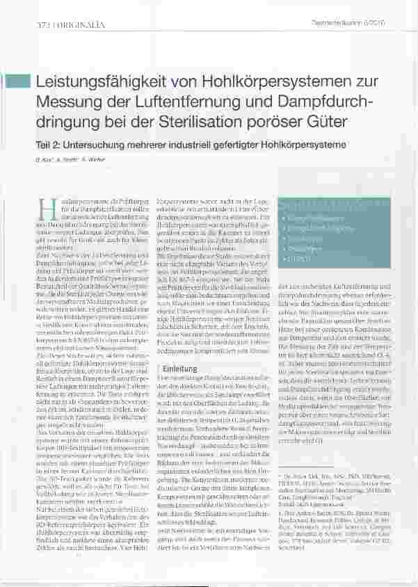 Vorschauseite 1: Leistungsfähigkeit von Hohlkörpersystemen zur Messung der Luftentfernung und Dampfdurchdringung bei der Sterilisation poröser Güter Teil 2: Untersuchung mehrerer industriell gefer…