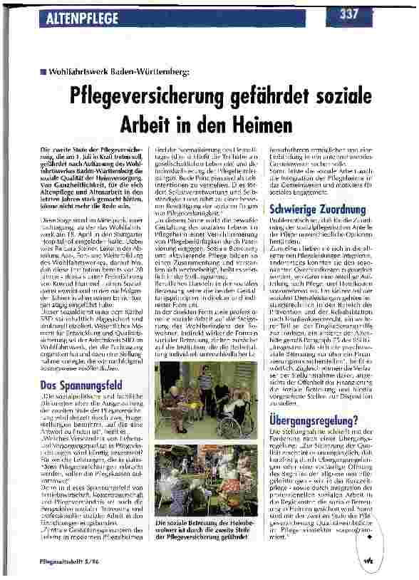 Vorschauseite 1: Pflegeversicherung gefährdet soziale Arbeit in den Heimen Wohlfahrtswerk Baden-Württemberg