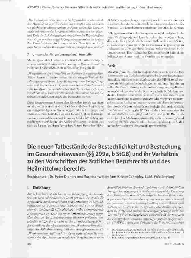 Vorschauseite 1: Die neuen Tatbestände der Bestechlichkeit und Bestechung im Gesundheitswesen (§§ 299a, b StGB) und ihr Verhältnis zu den Vorschriften des ärztlichen Berufsrechts und des Heilmitte…