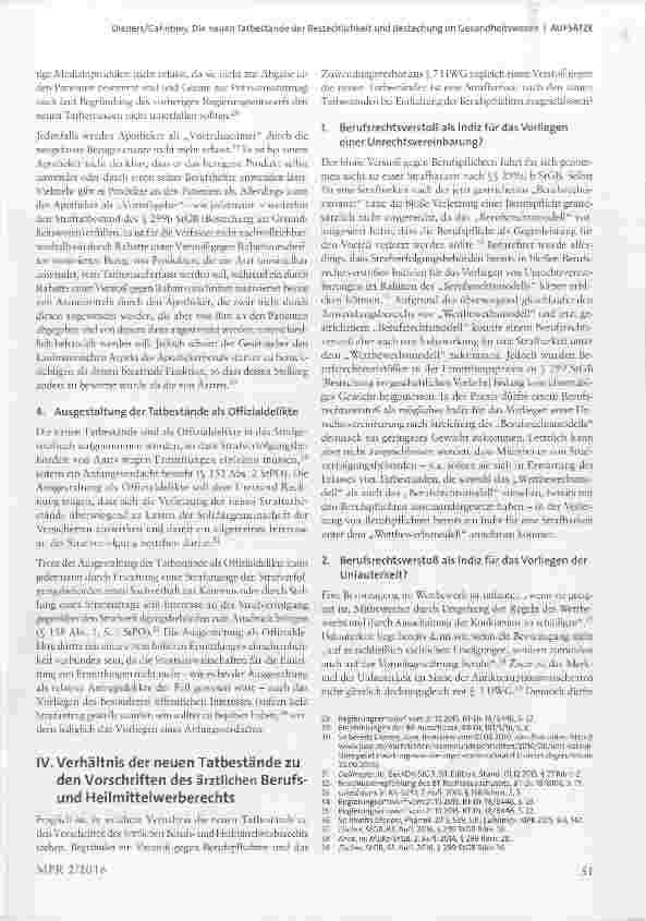 Vorschauseite 4: Die neuen Tatbestände der Bestechlichkeit und Bestechung im Gesundheitswesen (§§ 299a, b StGB) und ihr Verhältnis zu den Vorschriften des ärztlichen Berufsrechts und des Heilmitte…