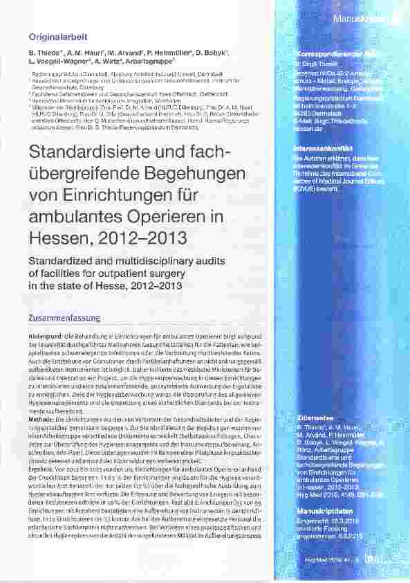 Vorschauseite 1: Standardisierte und fach-übergreifende Begehungen von Einrichtungen für ambulantes Operieren in Hessen, 2012-2013