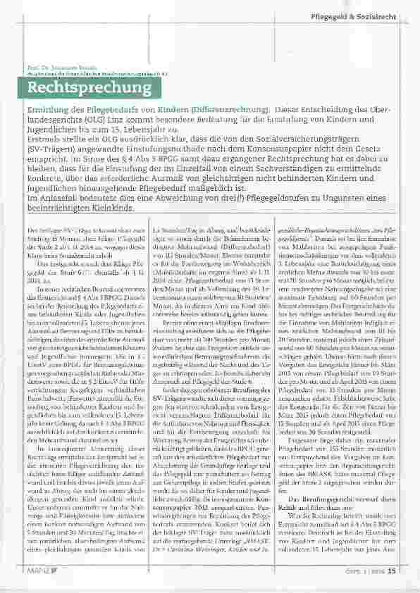 Vorschauseite 1: Rechtsprechung Ermittlung des Pflegebedarfs von Kindern (Differenzrechnung)