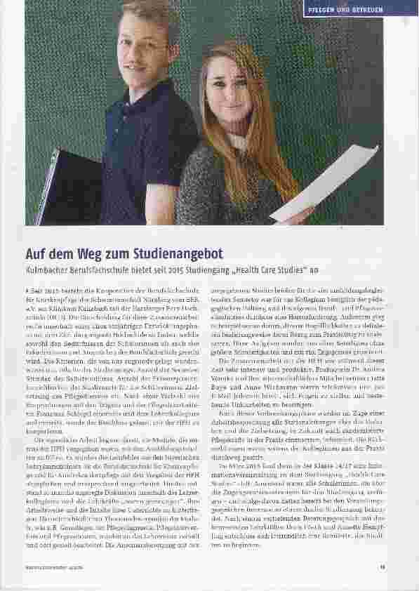 Vorschauseite 1: Auf dem Weg zum Studienangebot Kulmbacher Berufsfachschule bietet seit 2015 Studiengang „Health Care Studies an