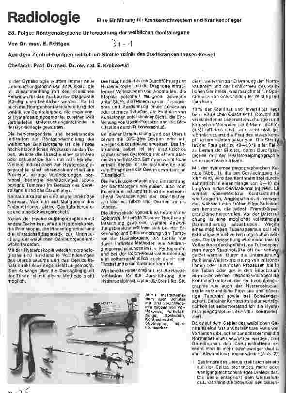 Vorschauseite 1: Radiologie Eine Einführung für Krankenschwestern u.Krankenpfleger 28. Folge:Röntgenologische Untersuchungen der weiblichen Genitalorgane