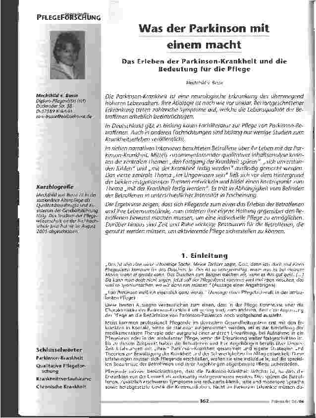 Vorschauseite 1: Was der Parkinson mit einem machtDas Erleben der Parkinson-Krankheit und die Bedeutung für die Pflege