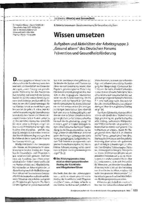 Vorschauseite 1: Wissen umsetzen - Aufgaben und Aktivitäten der Arbeitsgruppe 3 Gesund altern des Deutschen Forums Prävention und Gesundheitsförderung