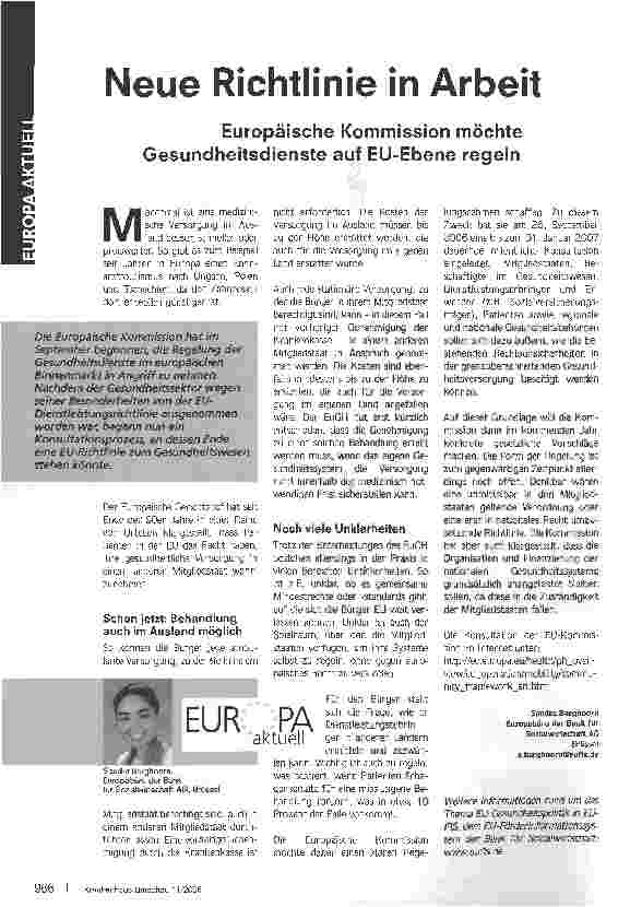 Vorschauseite 1: Neue Richtlinie in Arbeit - Europäische Kommission möchte Gesundheitsdienste auf EU-Ebene regeln