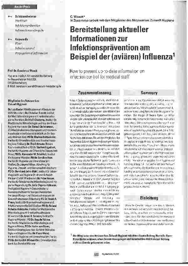 Vorschauseite 1: Bereitstellung aktueller Informationen zur Infektionsprävention am Beispiel der (aviären) Influenza