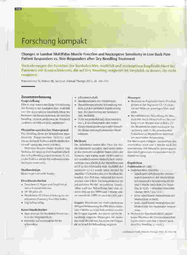 Vorschauseite 1: Veränderungen der Funktion der lumbalen Mm. multifidi und nozizeptiven Empfindlichkeit bei Patienten mit Kreuzschmerzen, die auf Dry Needling reagieren im Vergleich zu denen, die…