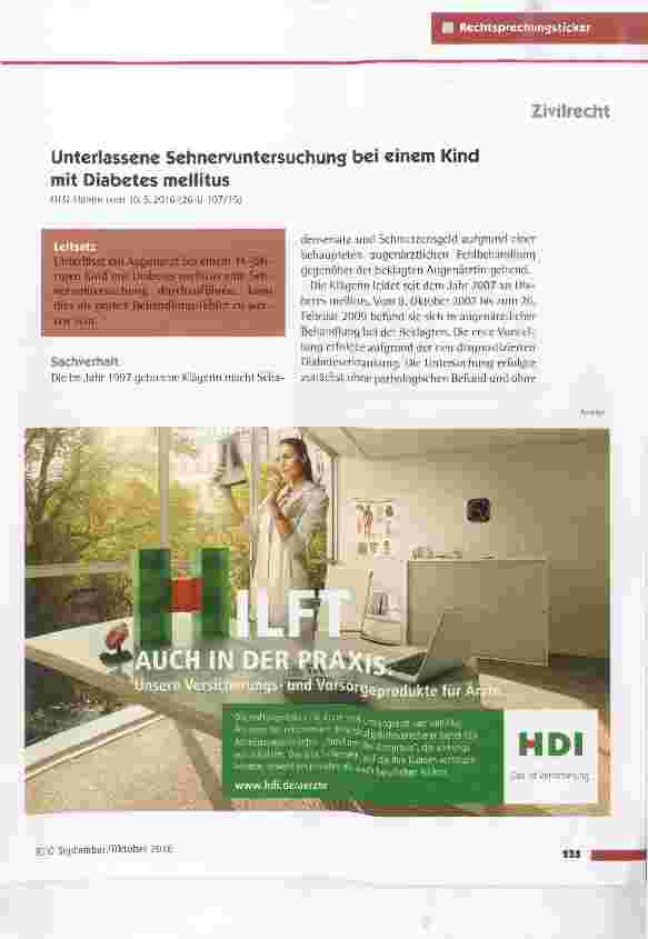 Vorschauseite 1: Unterlassene Sehnervuntersuchung bei einem Kind mit Diabetes mellitus OLG HanimvoTTi 10.5.2016(26 0 107/15)