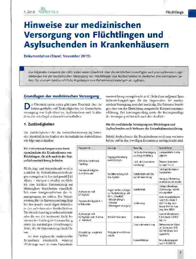 Vorschauseite 1: Hinweise zur medizinischen Versorgung von Flüchtlingen und Asylsuchenden in