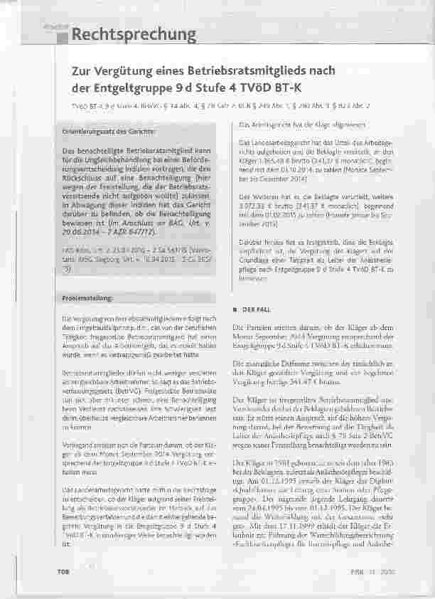 Vorschauseite 1: Zur Vergütung eines Betriebsratsmitglieds nach der Entgeltgruppe 9d Stufe 4 TVÖD BT-K