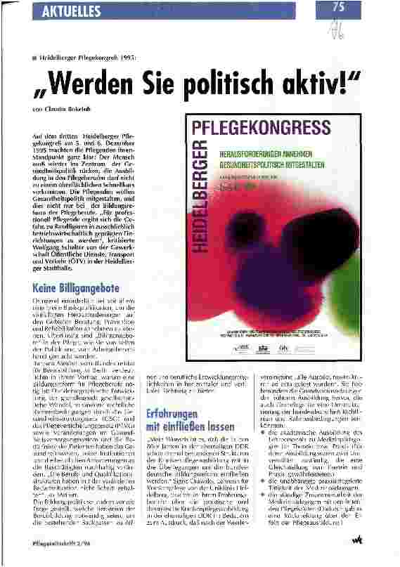 Vorschauseite 1: Werden Sie politisch aktiv! Heidelberger Pflegekongreß 1995