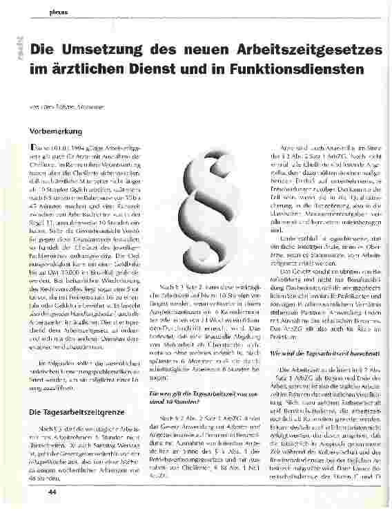 Vorschauseite 1: Die Umsetzung des neuen Arbeitszeitgesetzes im ärztlichen Dienst und in Funktionsdiensten