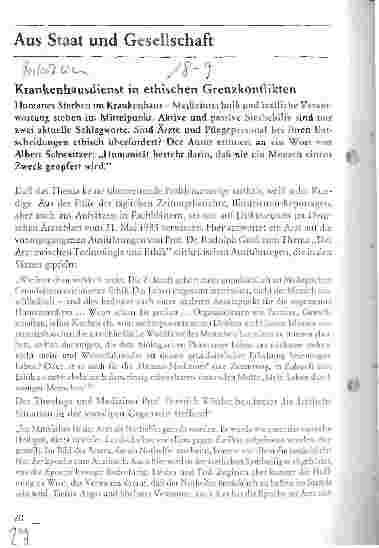 Vorschauseite 1: Aus Staat und Gesellschaft Krankenhausdienst in ethischen Grenzkonflikten