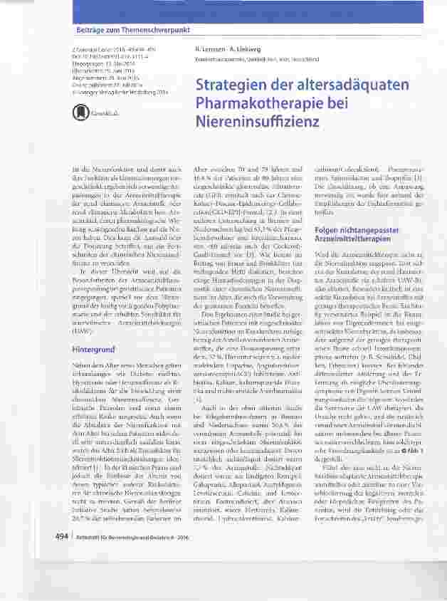 Vorschauseite 1: Strategien der altersadäquaten Pharmakotherapie bei Niereninsuffizienz