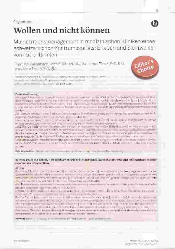 Vorschauseite 1: Mainutritionsmanagement in medizinischen Kliniken eines schweizerischen Zentrumsspitais: Erleben und Sichtweisen von Patient(inn)en