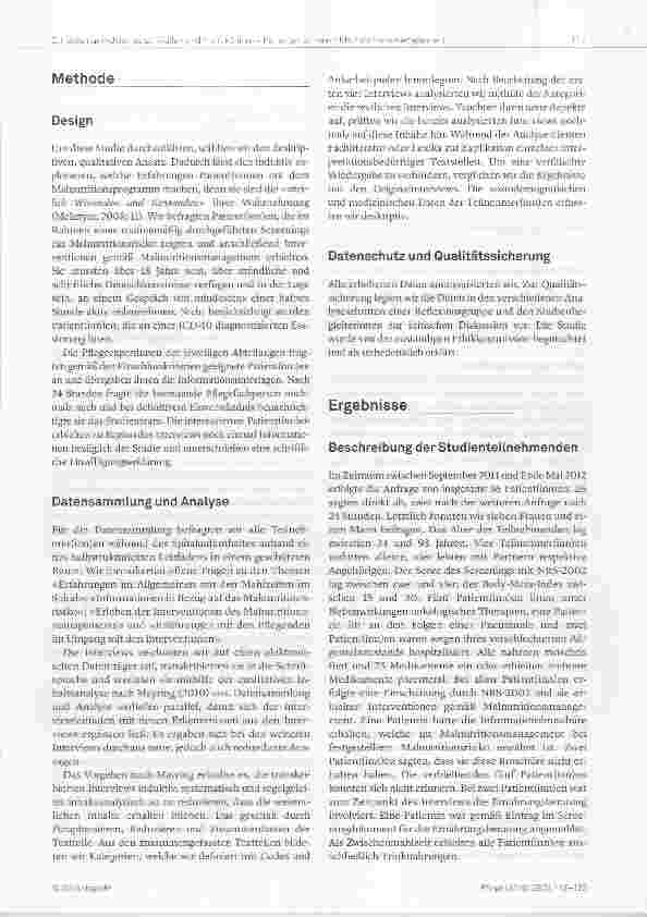 Vorschauseite 3: Mainutritionsmanagement in medizinischen Kliniken eines schweizerischen Zentrumsspitais: Erleben und Sichtweisen von Patient(inn)en