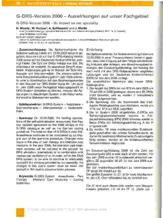 Vorschauseite 1: G- DRG- Version 2006 - Auswirkungen auf unser Fachgebiet