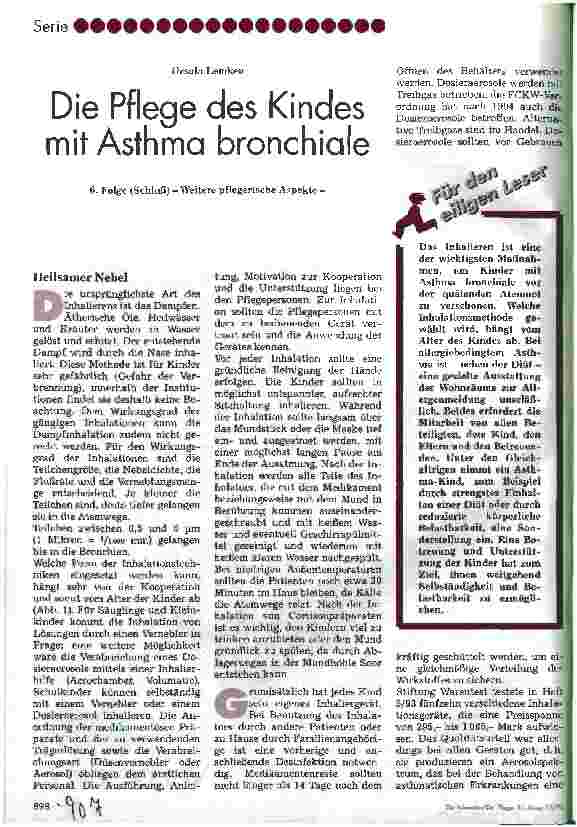 Vorschauseite 1: Die Pflege des Kindes mit Asthma bronchiale 6. Folge (Schluß) - Weitere pflegerische Aspekte -