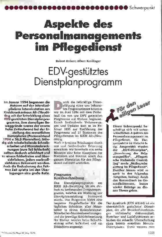 Vorschauseite 1: Aspekte des Personalmanagements im Pflegedienst EDV-gestütztes Dienstplanprogramm