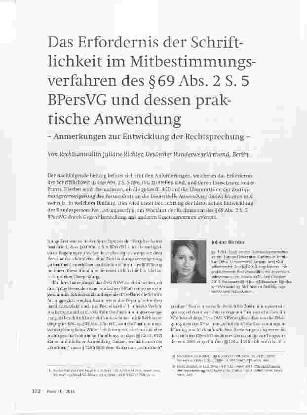 Vorschauseite 1: Das Erfordernis der Schriftlichkeit im Mitbestimmungsverfahren des §69 Abs. 2 S. 5 BPersVG und dessen praktische Anwendung